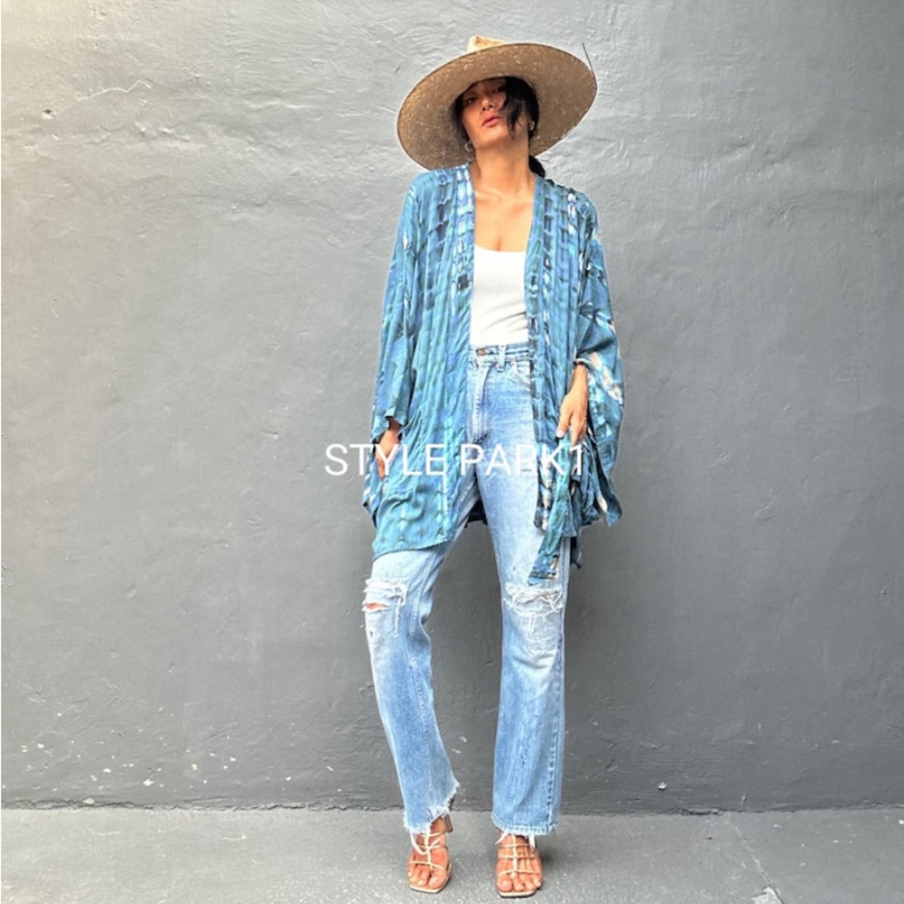 Handmade Belted Kimono - Boho Beachy Cover Up - Blue, gray, white One Size